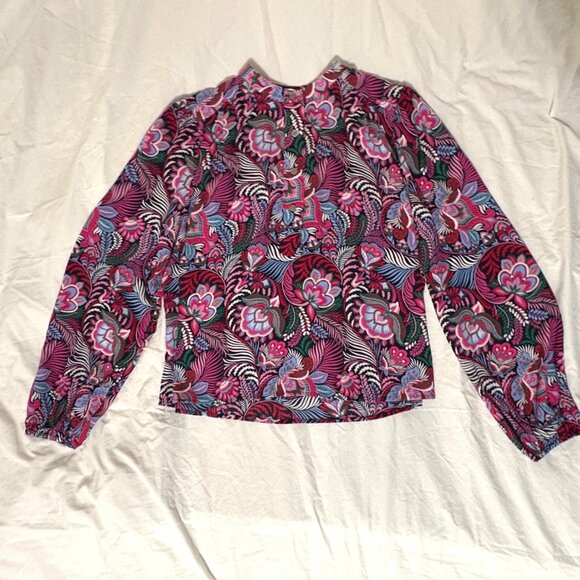 NWT New Loft Floral Emerald Essence Blouse Blouson Sleeves Crew Button Neck M - Picture 3 of 10
